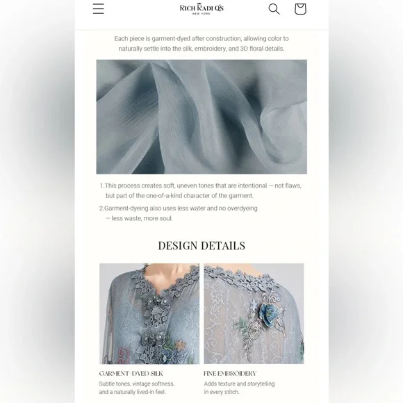 Rich Radi Q’s New York 3D Floral Silk Bluish Gray Top Handcrafted Couture - Picture 3 of 8